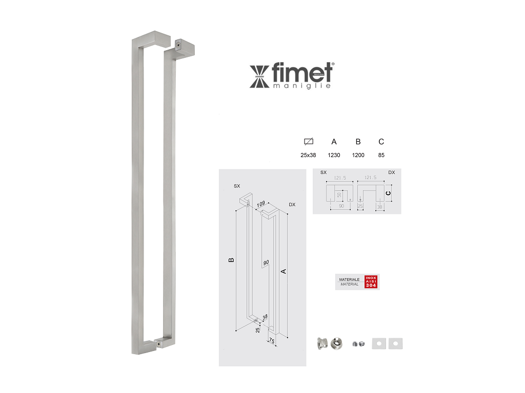 Maniglione Mississippi Q mm.25x38 Interasse 1200 mm.1230x85h AISI304 DX Inox Satinato | Fimet Maniglie - immagine 1